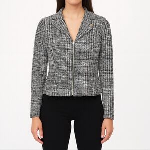 WHBM Womens Grey Tweed Zip Up Sweater Size 4 Office Career Work Quiet Luxury